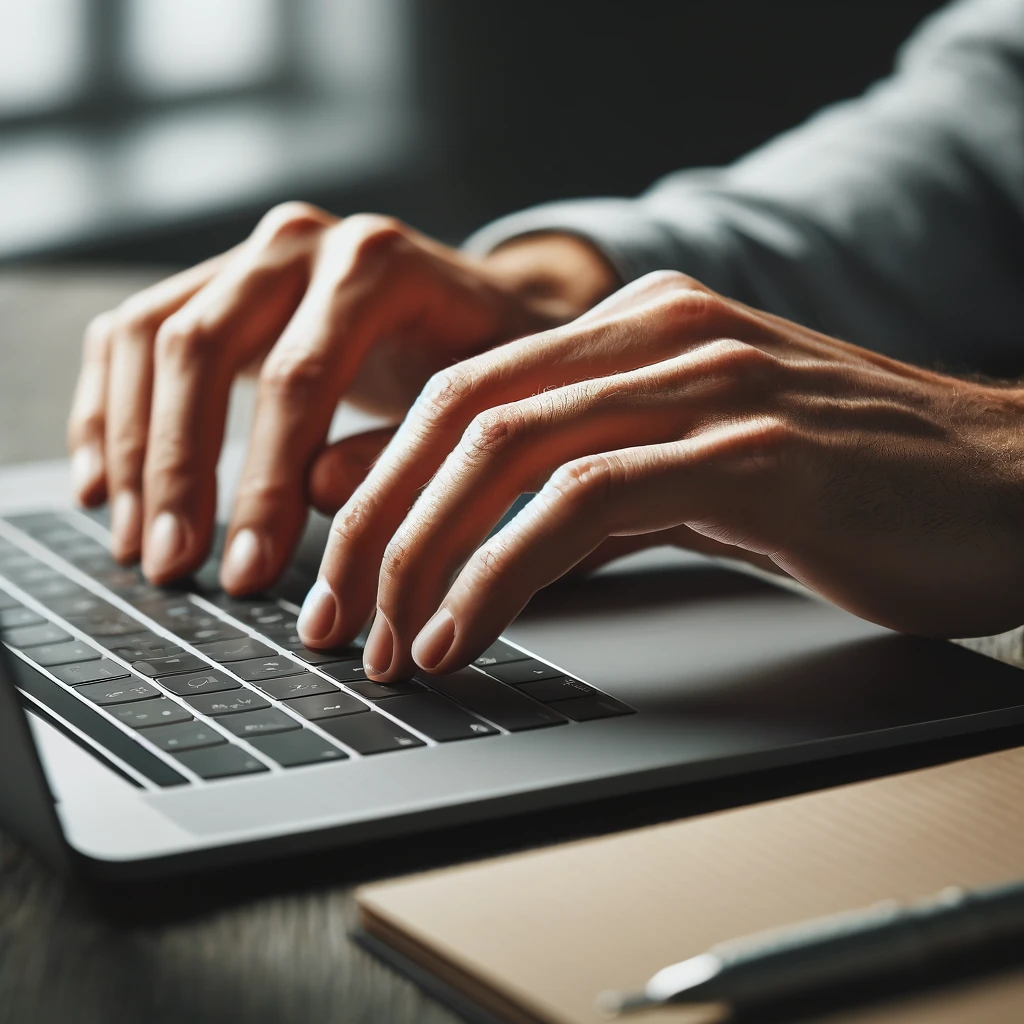 Close-up of hands typing on a laptop keyboard, set on a modern desk with a notepad and pen, conveying a thoughtful review-writing process.