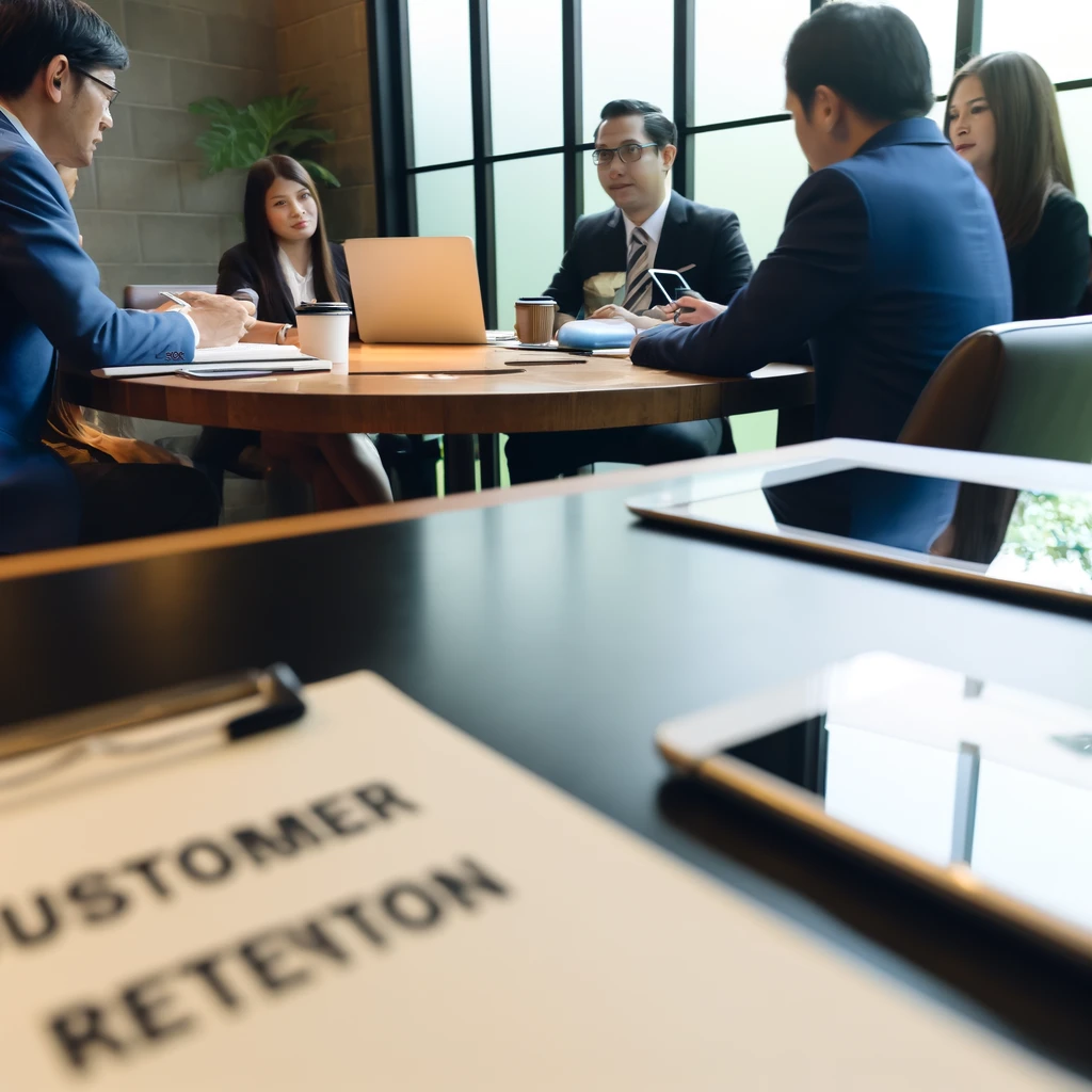 Diverse business team strategizing on customer retention in a modern office setting.